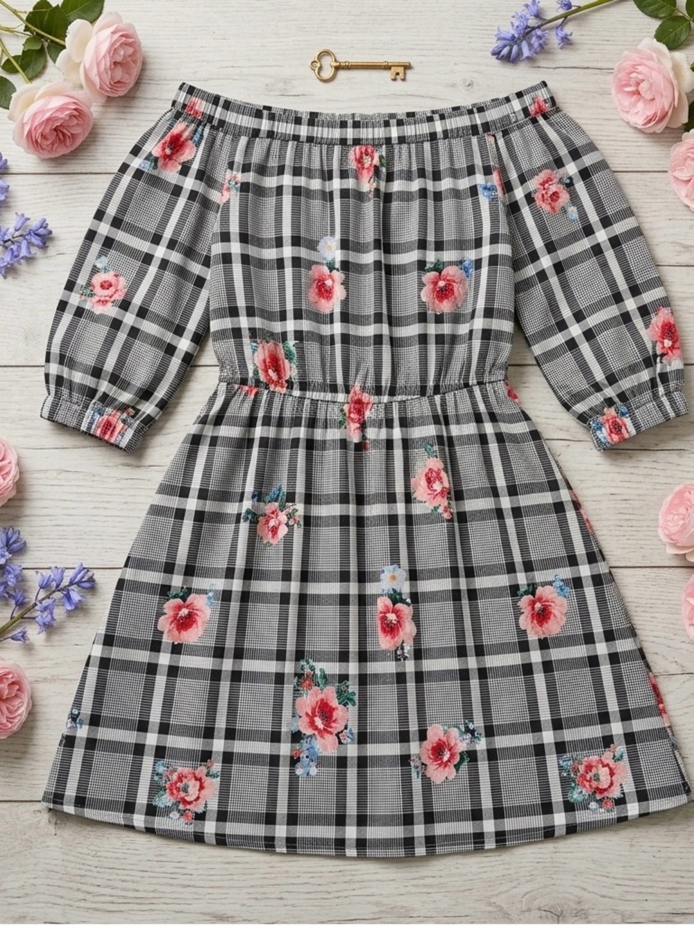 H&M Divided Plaid & Floral Off-Shoulder Mini Dress - Size L (NWOT) - Picture 3 of 8
